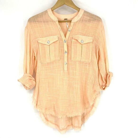 Free People Tunic Top Size XS Womens Peach Talk To Me Crinkled Frayed Hem Shirt - Picture 1 of 8